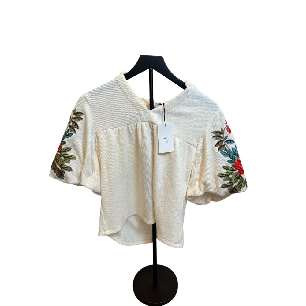 Next Embroidered Floral Sleeve Top Cream Textured Blouse XS THML puff sleeves